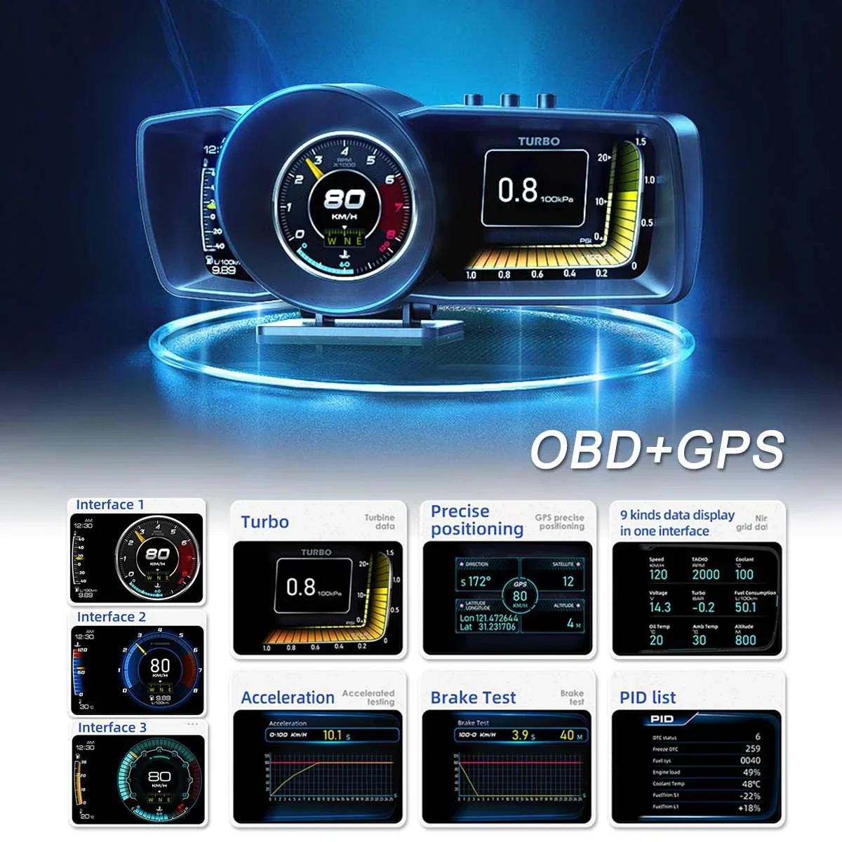 

NEW Universal HUD OBD2 Head Up Digital LCD Display Auto Scanner Direction Tips Computer Turbo Brake Test Car Alarm