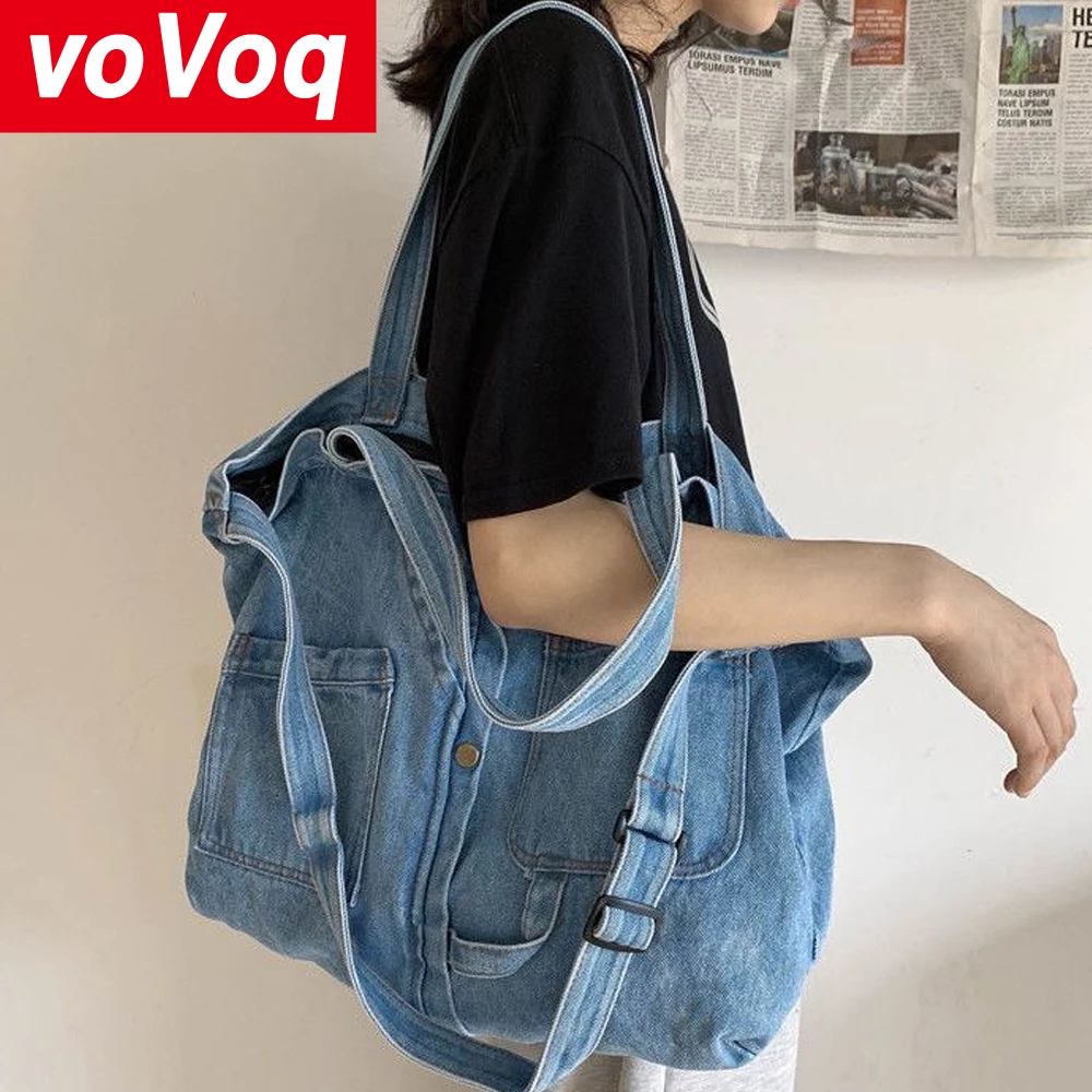 Denim Canvas Bag with Large Capacity Retro Crossbody Shoulder Bag Lightweight Short Distance Travel Bag for Going Out To Work