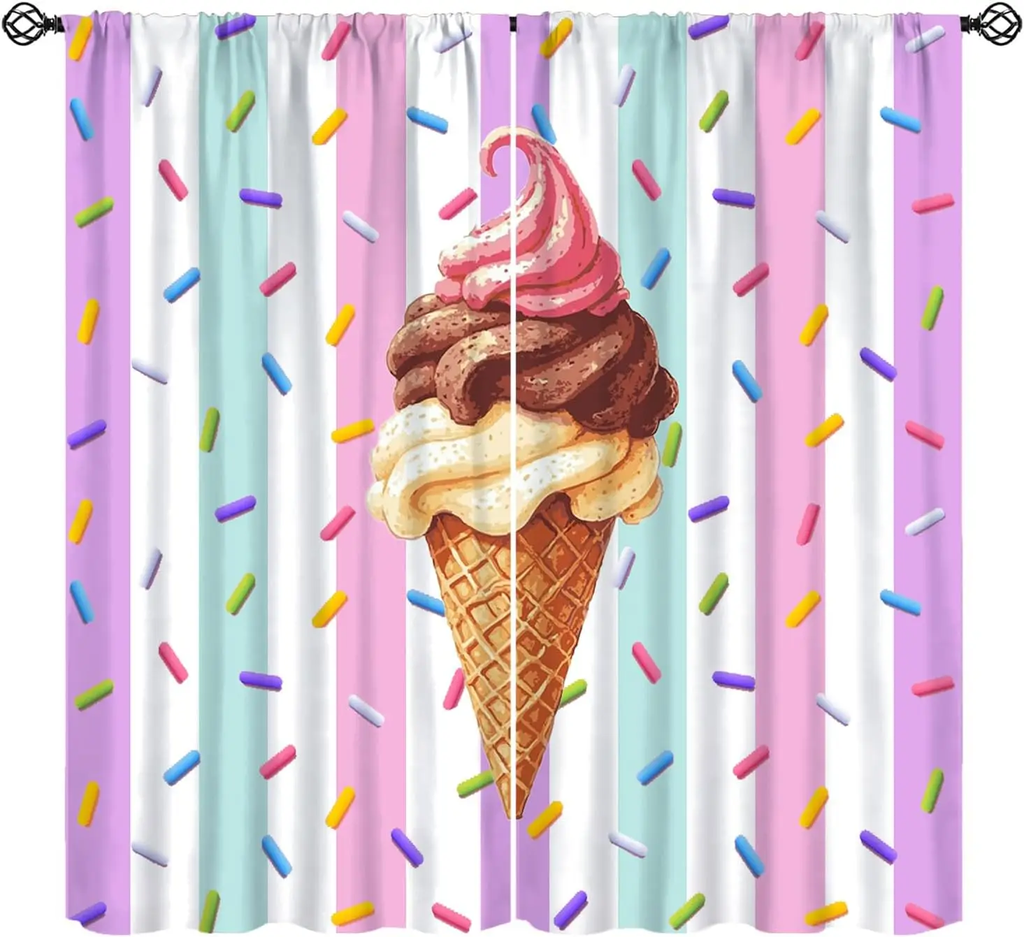 Triple Scoop Ice Cream Window Curtain 2 Panels, Waffle Cone Color Sprinkles Pastel Stripe Print Cute Kids Dessert Decor Curtain