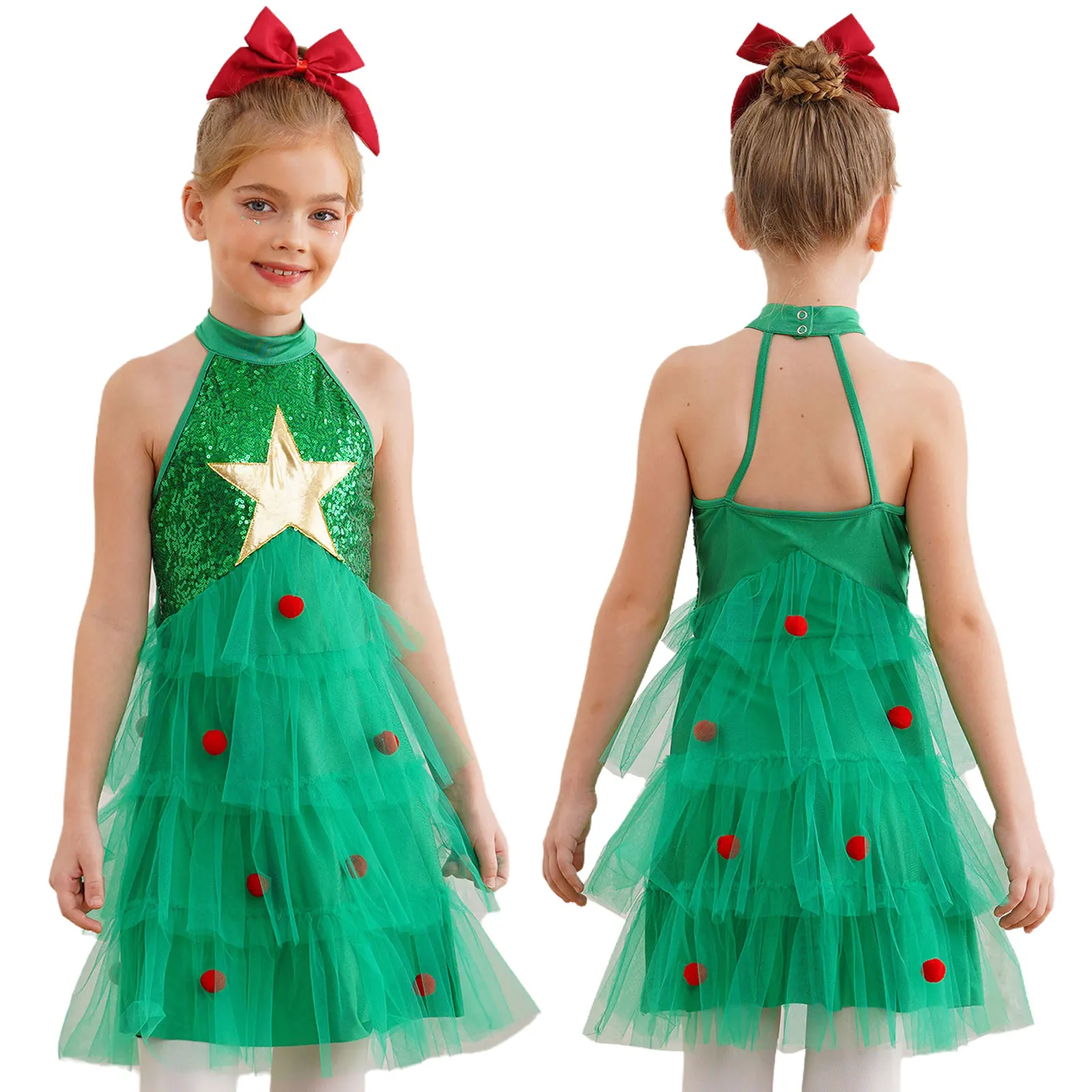 Disfraz de Navidad para niña, vestido de tutú sin mangas, lentejuelas, pompones, malla, fiesta de Navidad, celebración, encantador disfraz de Cosplay