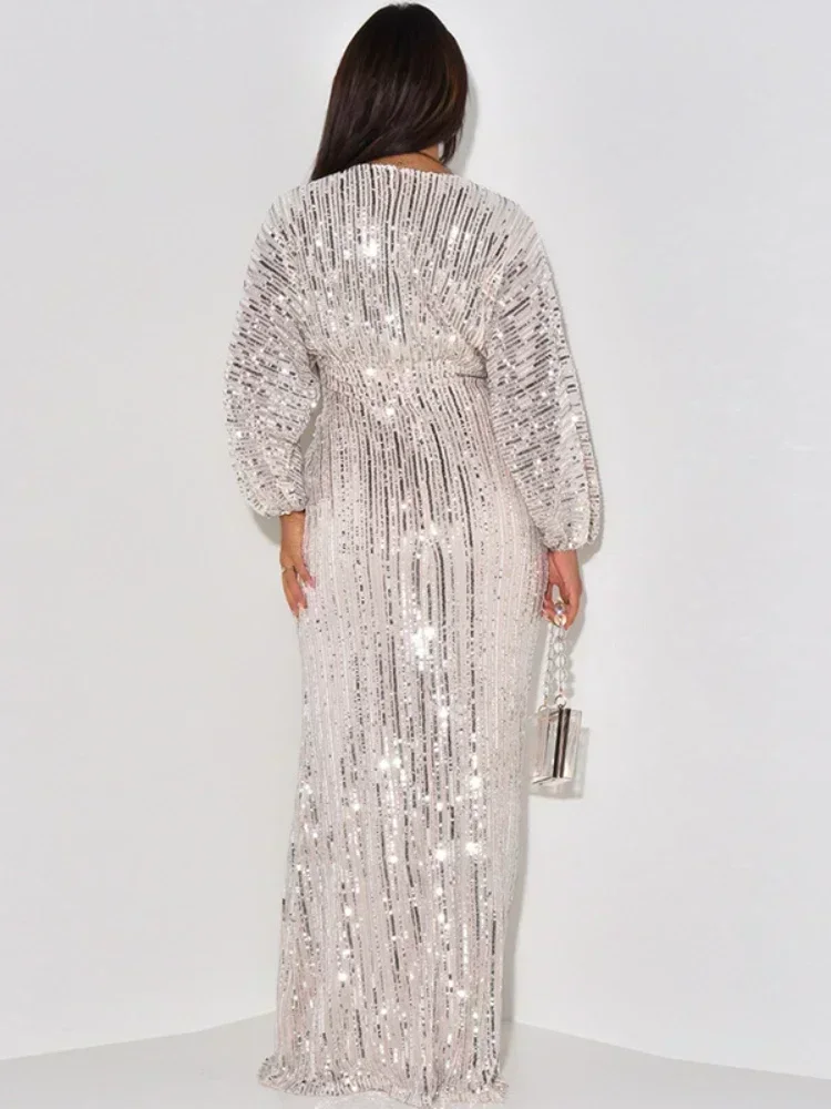 Silver Sequin Party Dresses Women Deep V Neck Long Sleeve Empire Floor Length Sparkly Cocktail Prom Evening Gowns Fall 2024