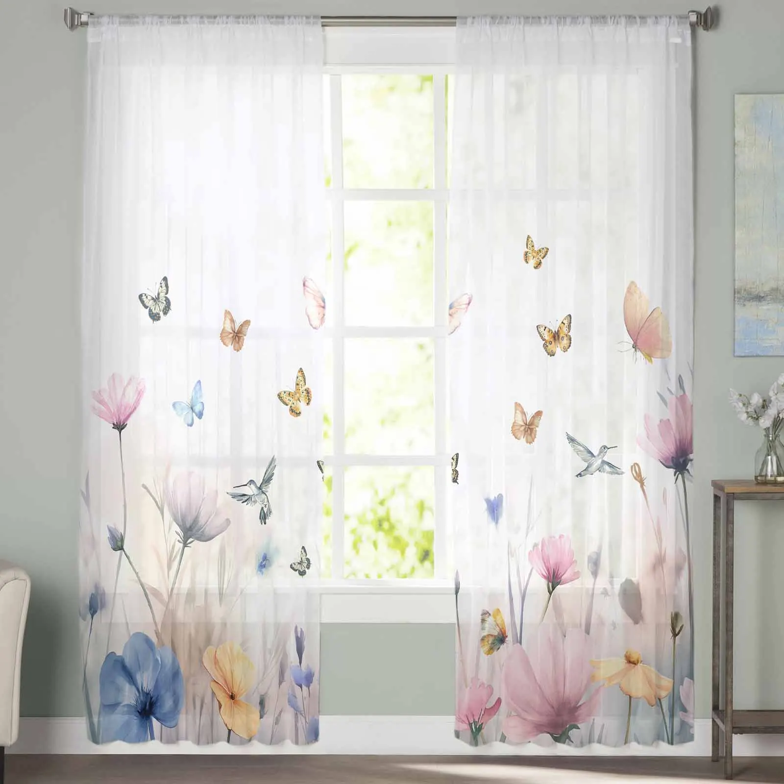 Butterfly Hummingbird Flower Watercolor Curtains For Living Room Bedroom Kitchen Decoration Window Tulle Curtain