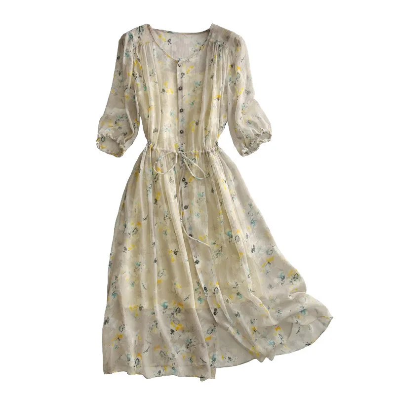 Vestido longo floral fragmentado, vestido francês de manga curta, novo vestido de verão de comprimento médio com duas camadas