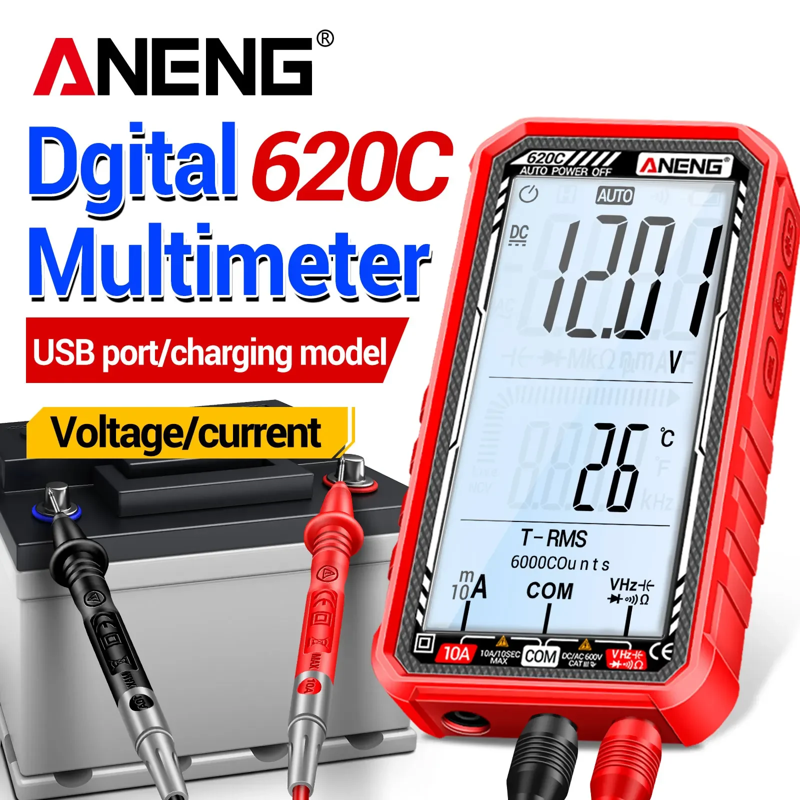 ANENG 620C Digital Multimeter 6000 Counts AC DC NCV Temperature Test Backlit Flashlight Rechargeable Electrician Repair Tool