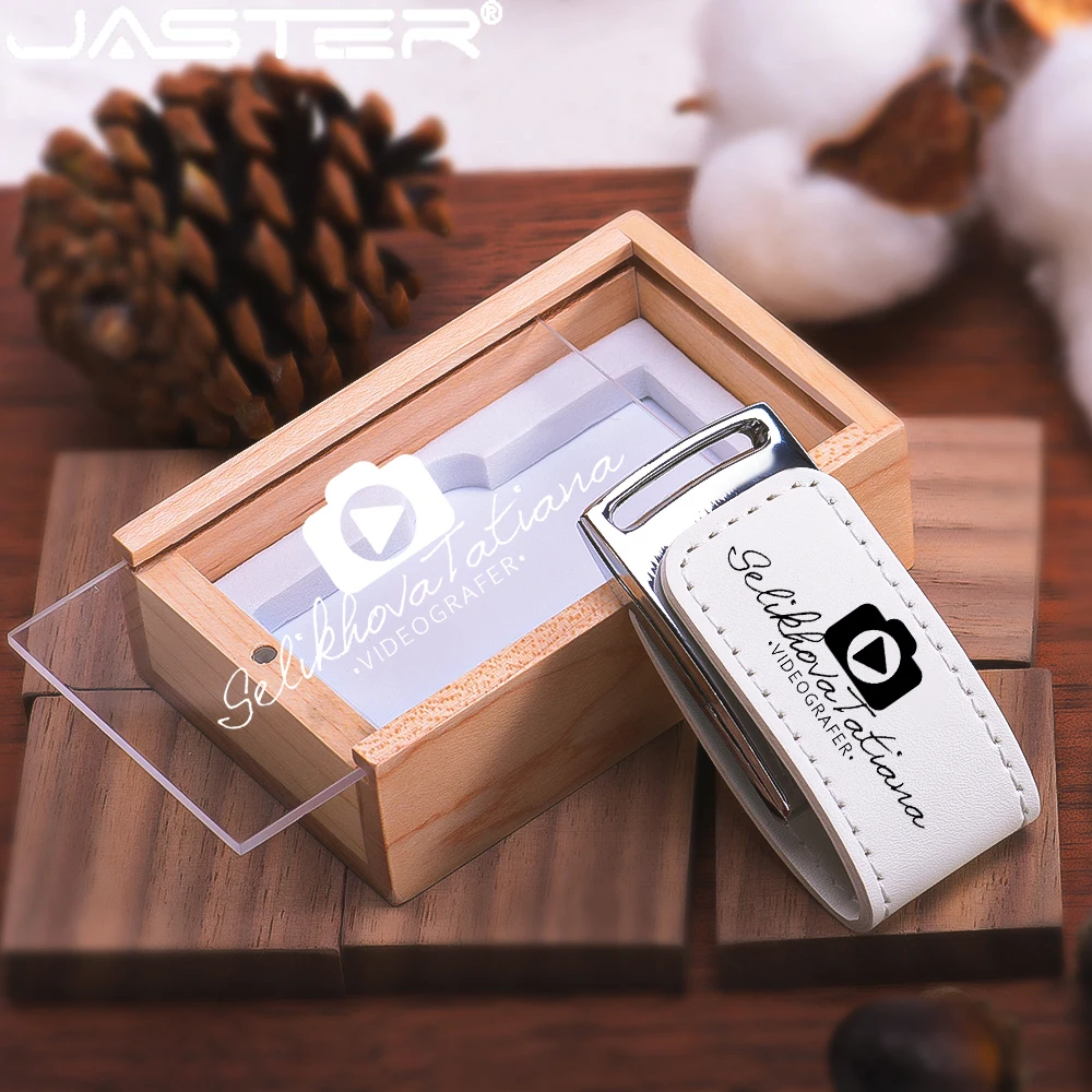 Transparent Cover Wooden Box USB Flash Drive 128GB Free LOGO Leather Pen Drive 64GB 32GB U Disk 100% Real Capacity Wedding Gift