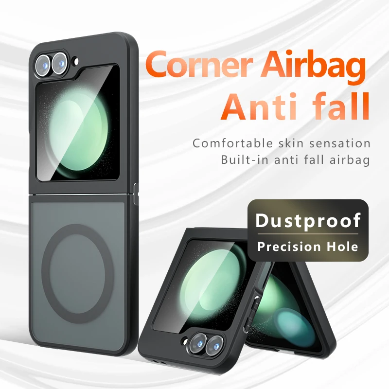 

For Samsung Galaxy Z Flip 6 Case Shockproof Magnetic Frosted Skin Feel Matte PC +TPU Anti-fingerprint Transparent Cover