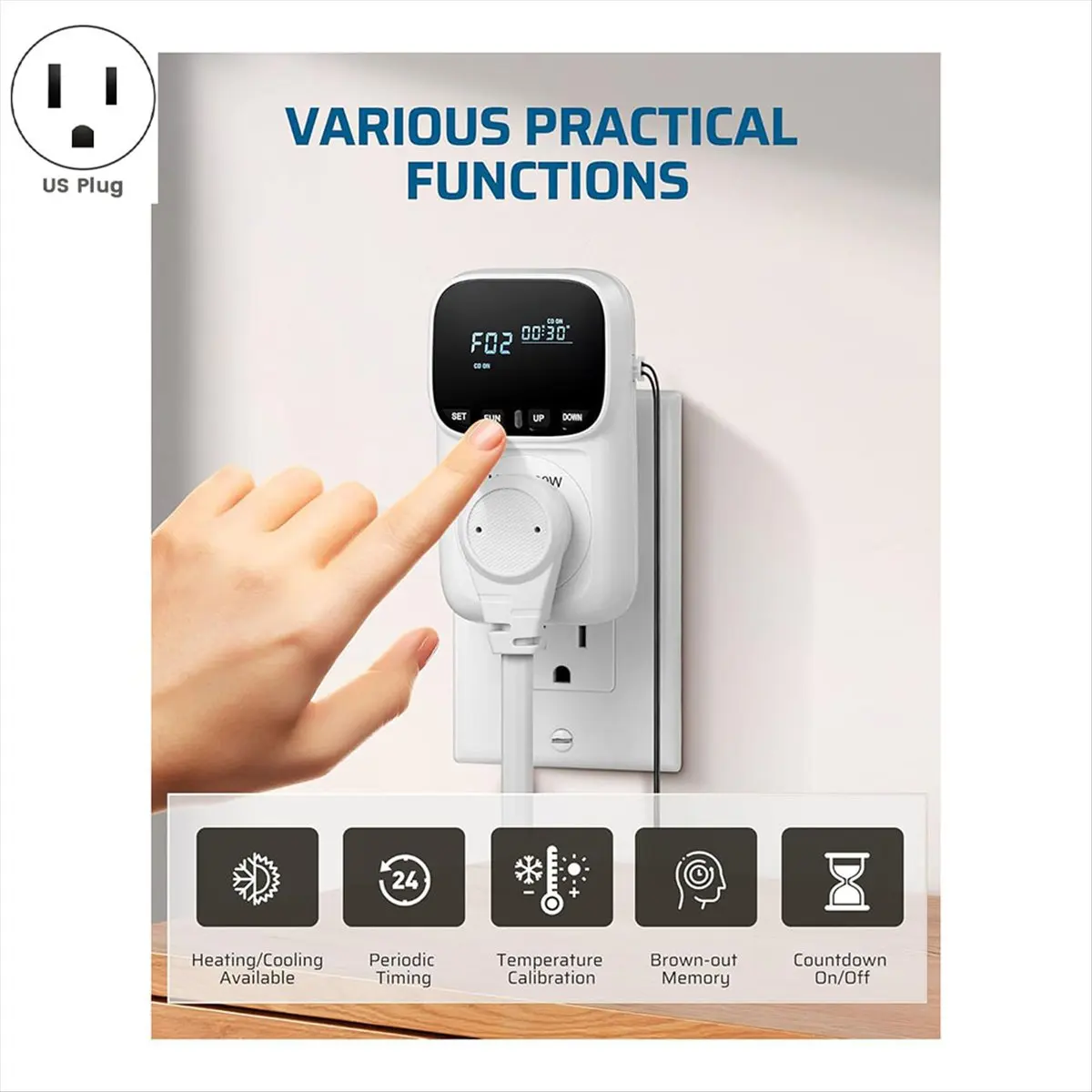 A95G Digital Temperature Controller,15A/1800W Thermostat Outlet Plug,-40℉-210℉, Cyclic Timing/Countdown,for Incubator US Plug
