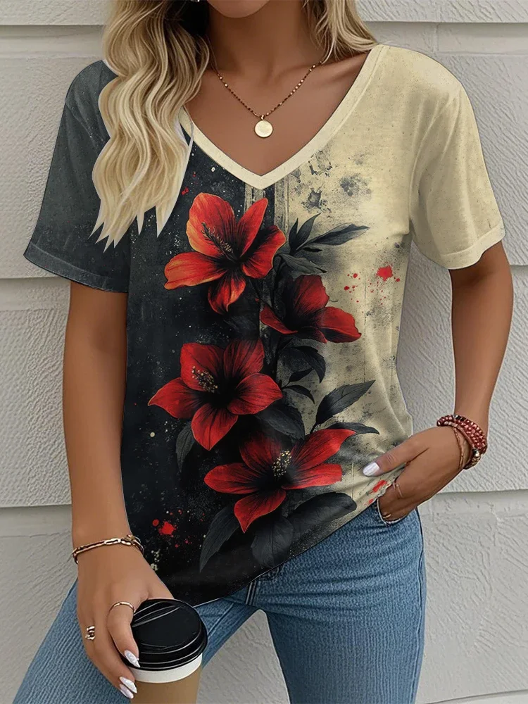 

8XL Plus Size Women's V-neck Short Sleeve T-shirt Summer Flower Graphic Print T-shirt Female Casual Oversized Clothes Street Top