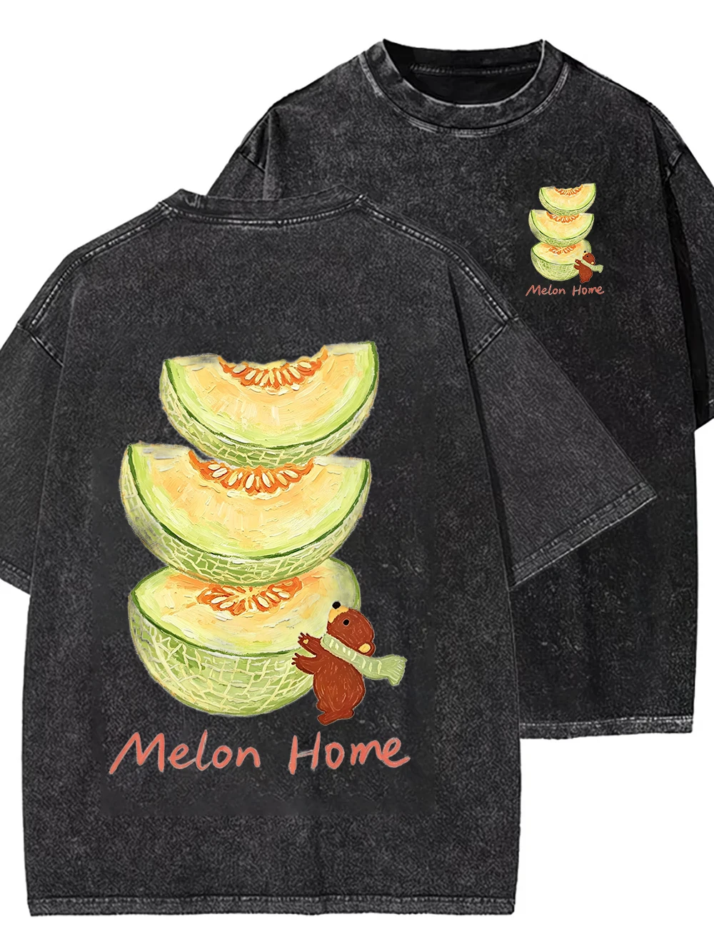 Melon Graphic Washed T Shirt Women Vintage Fruit Print Oversized Tee Casual Short Sleeve Summer Cotton Harajuku Streetwear