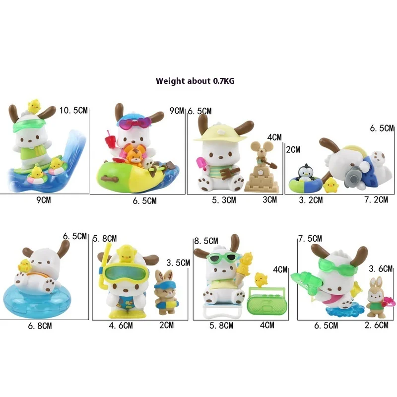 Sanrio Pochacco Holiday Beach Series Actionfigur Garage Kit Schöne Welpenpuppe Desktop Ornament Geschenk Weihnachtsgeschenk Kinderspielzeug