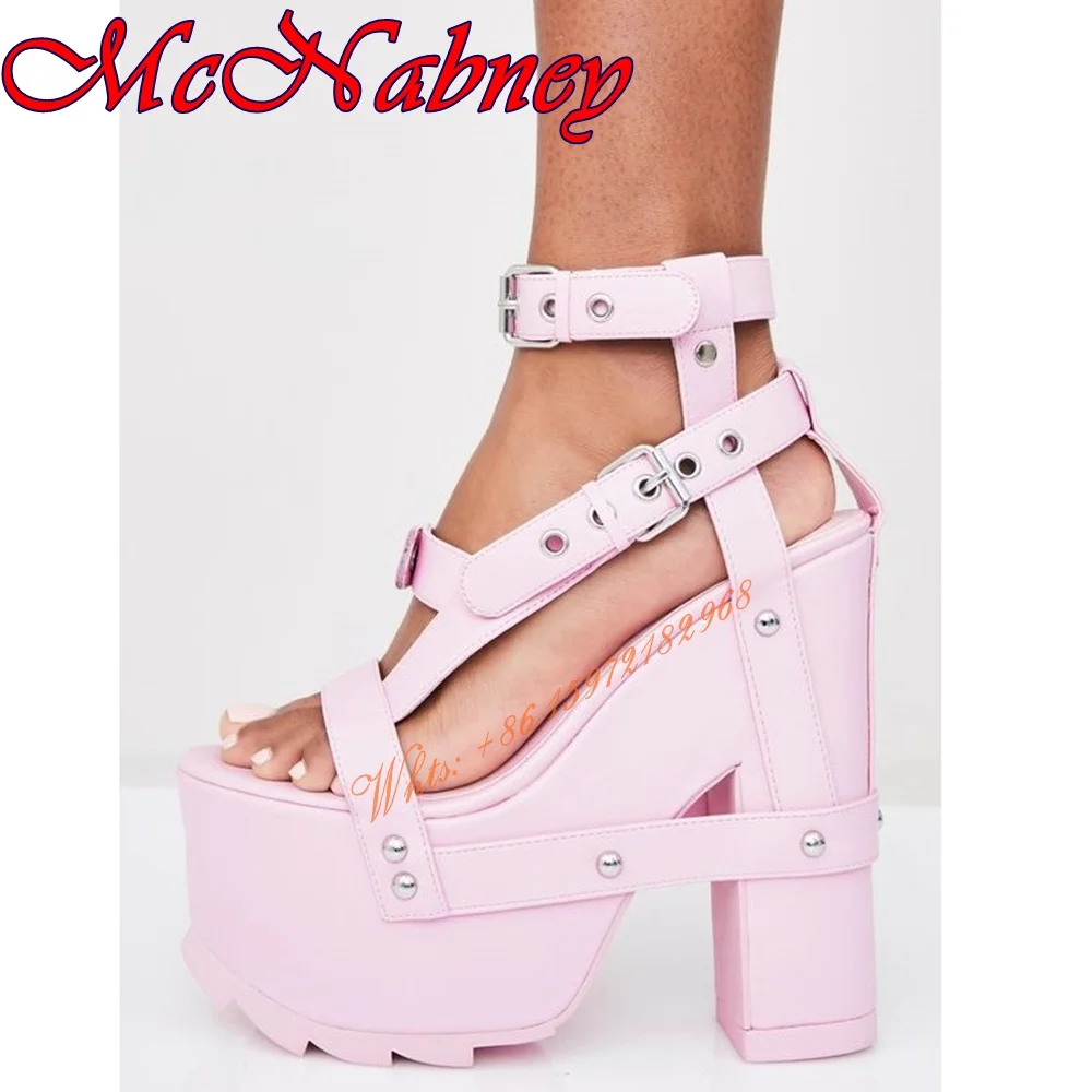 High Platform Straps Sandals Hollow Chunky High Heel Open Toe Rivet Summer Shoes Ankle Buckles Super High Party Dress Sandals