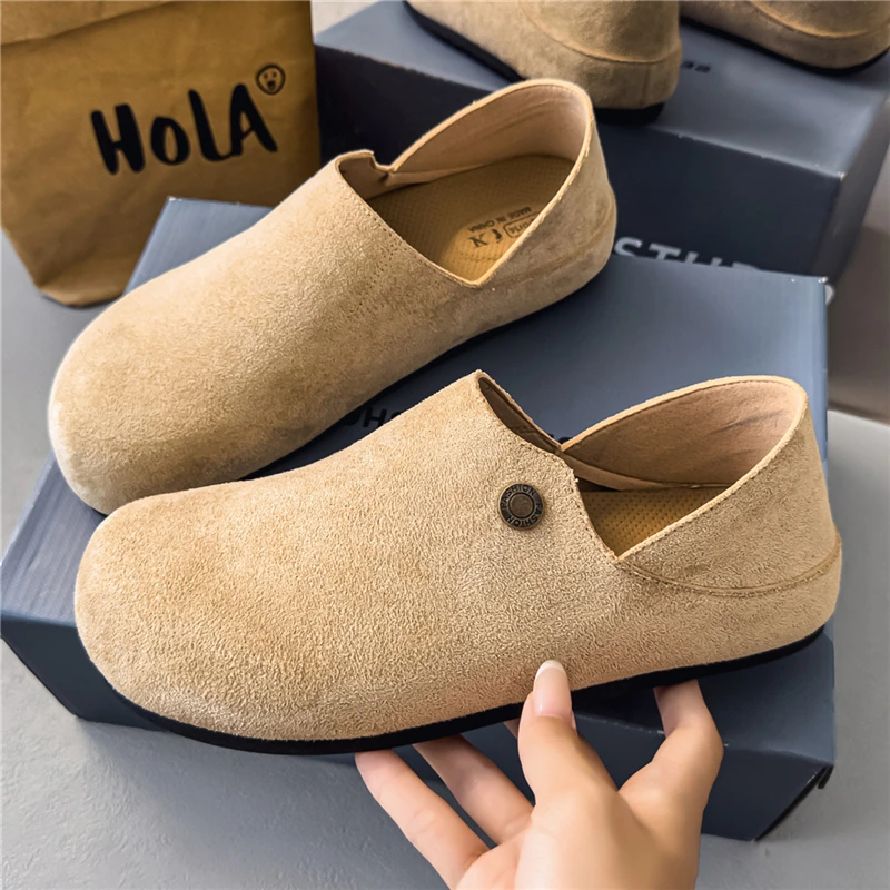 Suede Leather Half Shoes for Men Mules Semi-Drag Loafers Slippers Open-back Casual Shoes Slides Sandal Slip on Flats Women Clogs