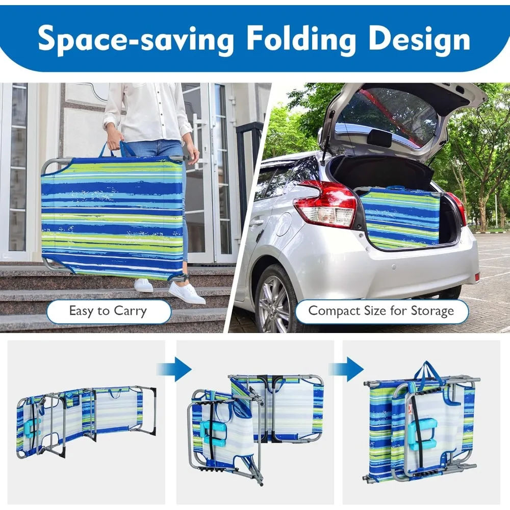 كرسي استرخاء قابل للطي قابل للتعديل مع فتحة ذراع للوجه، وسادة قابلة للغسل، جيب، مقبض حمل، وكراسي حمام سباحة تدوم طويلاً