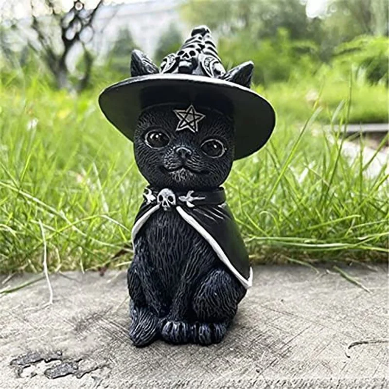 

Black Cat Ornaments Sculpture Funny Wizard Cat Garden Animal Decoration Black Cloak Dwarf Cat Decoration Halloween Decoration