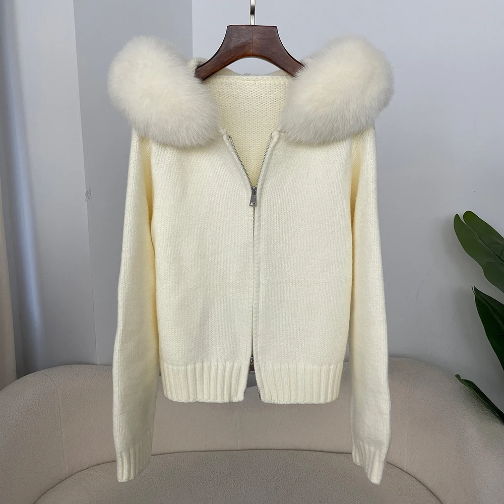 Reality Natural Fur Coat Cardigan for Women Luxury Short Knitted Jacket Casual Hooded Real Fox Fur Collar Fashion Autumn Winter
