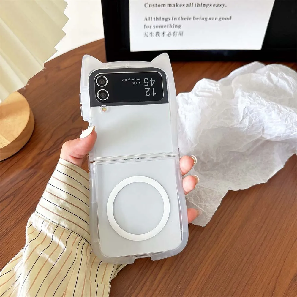 Niedliche Katzen ohr für magsafe klare Telefon hülle für Samsung Galaxy Z Flip 6 5 4 3 Hülle kabellose Ladung magnetische weiche Falt abdeckung