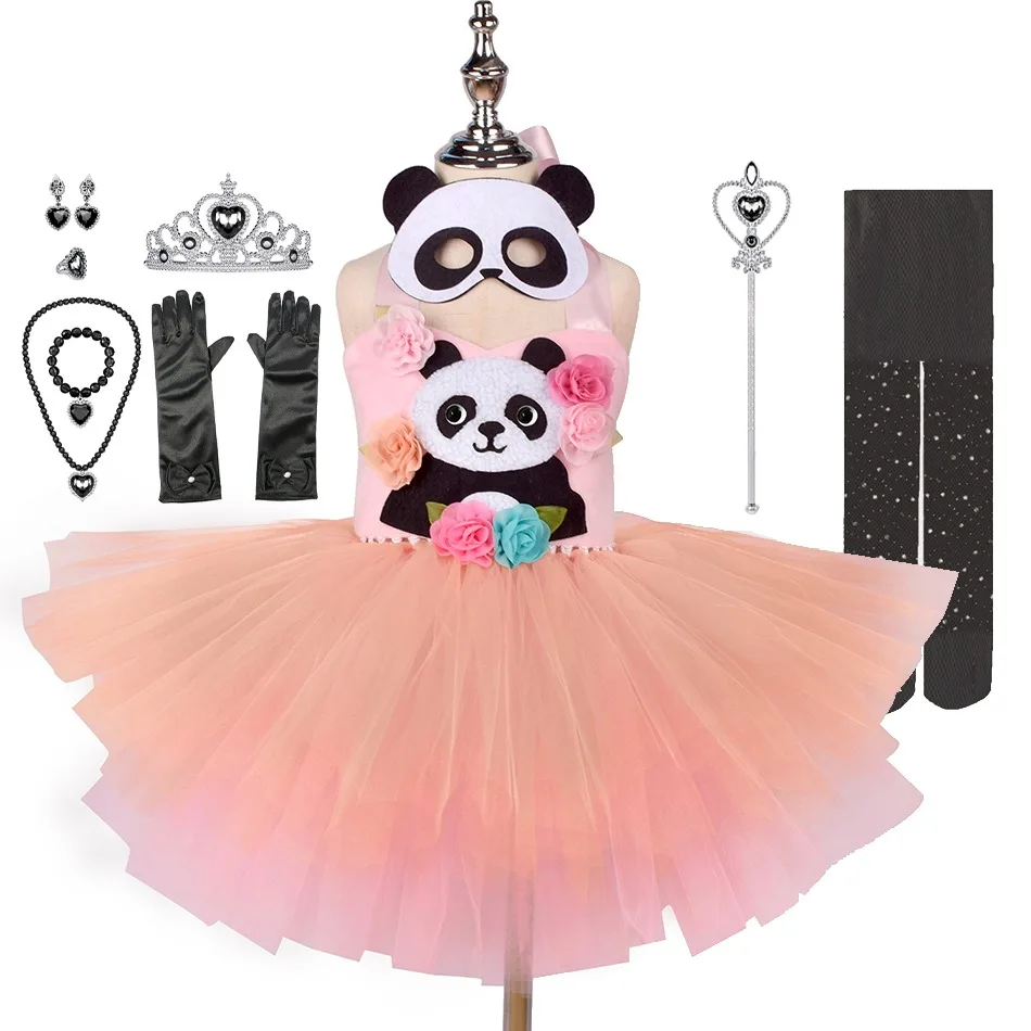 Cute Girls Panda Cosplay Costumes Children Zoo Theme Animal Party Costume Kids Birthday Pink Mesh Tutu Dresses for Girl Cloth