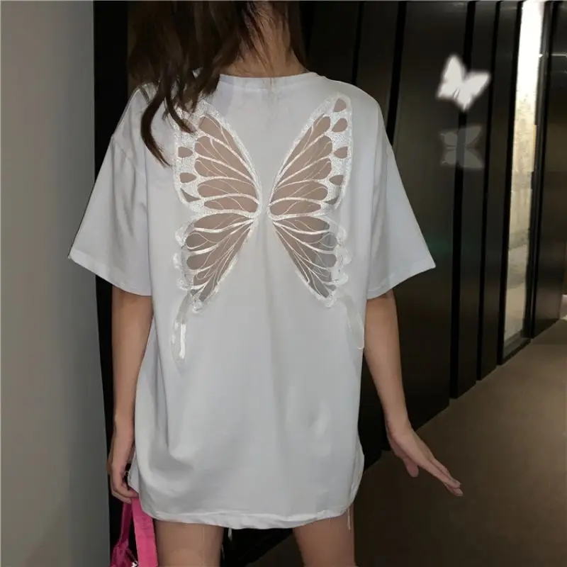 Summer Cotton Short Sleeve Women T Shirt Butterfly Wing Embroidery Back Hollow Out Loose Oversized Tops Tee Sisters Outfit Black