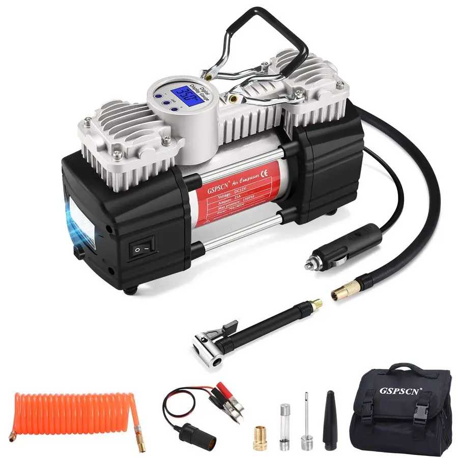 6X Faster Inflation Portable 12V Air Compressor Pump Digital Display Tire Inflator with LED Flashlight, Heavy Duty Dual Cylinder