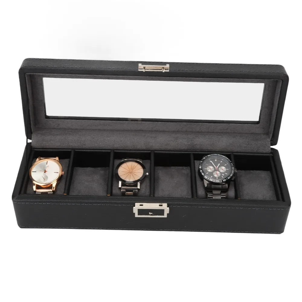 PU leather, flannel, acrylic. 6 Slots Watch Storage Box Black 33.5*9*19.5cm Lychee Texture Watch Organizer