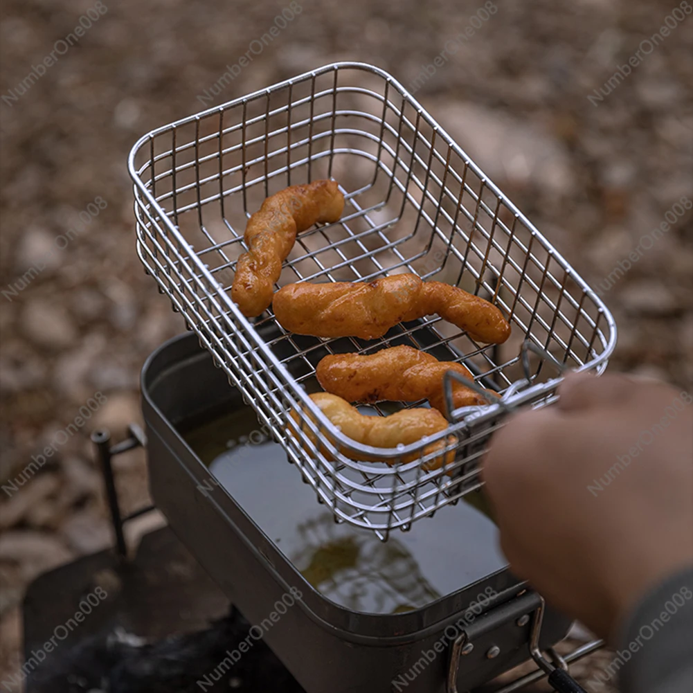 Camping Bento Lunch Box Frying Basket with Foldable Handle Cooking Tableware for Travel Hiking