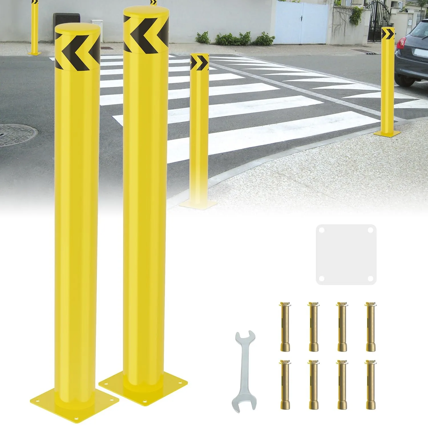 Nilight Safety Bollard 42 Inch Steel Bollard Post High Visibility Yellow Traffic Barrier Parking Lot Driveway Warehouse Protective Guard 2 Pack