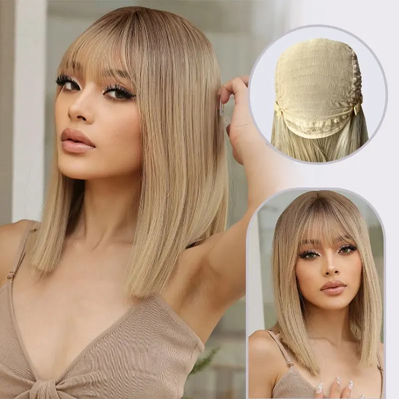 

Synthetic Wigs with Bangs Short Straight Gray Ash Blonde Natural Blunt Cut Hair Wig for White Women Daily Heat Resistant