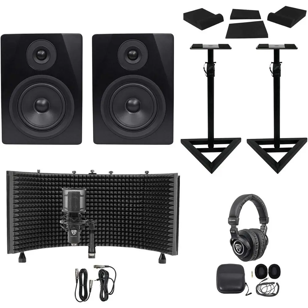 5.25 250W USB Studio Speaker Set with Stand, Mic, Headphones, Shield & Pads (9-Piece Bundle)