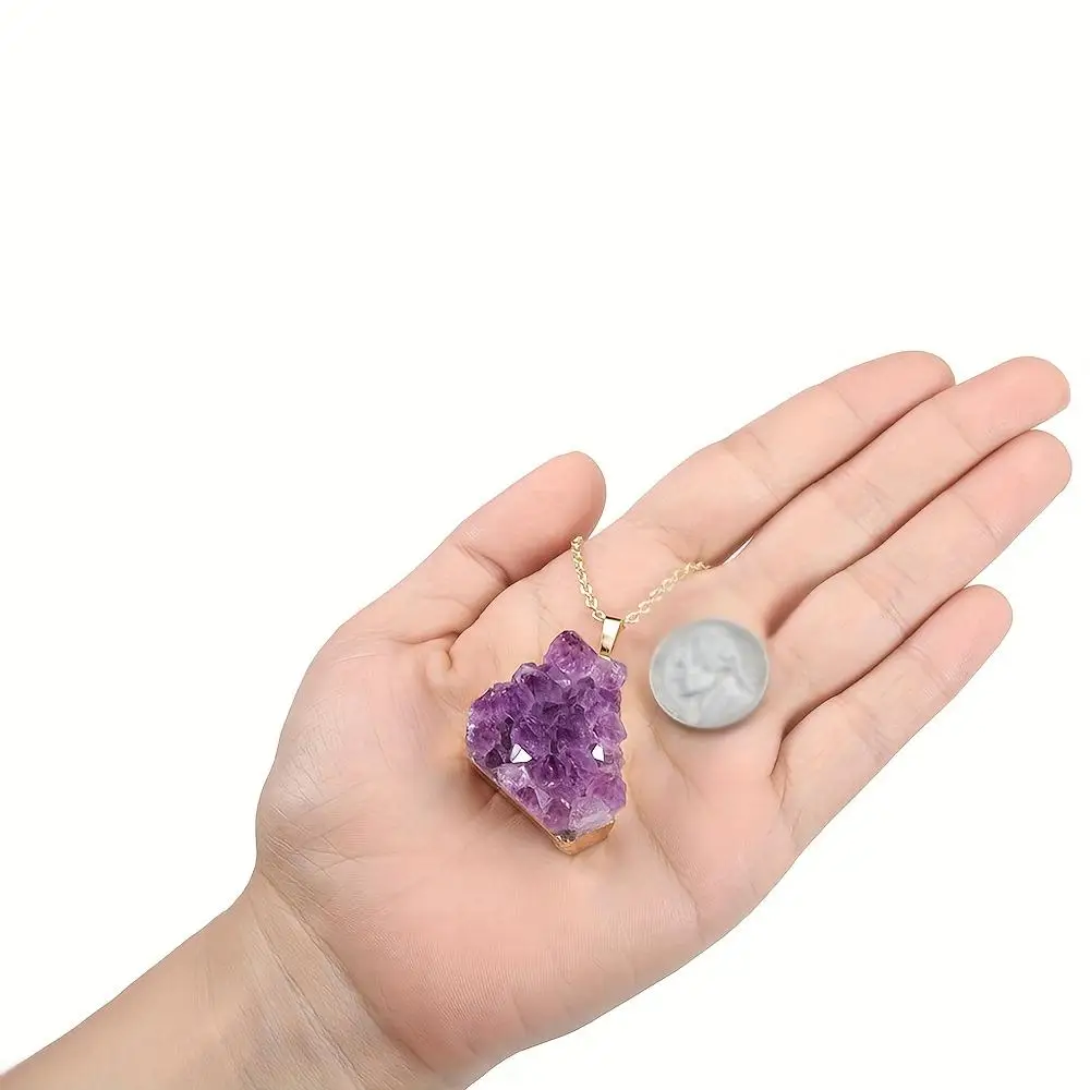 1pc Amethyst Cluster Crystal Necklace for Women Men, Irregular Raw Rough Loose Gemstones Amethyst Quartz Stone Pendant Necklace Jewelry - Creative Gifts for Father, Mother, Friends, Sisters and Grandparents on Valentine's Day, Birthday, Anniversary - view 6