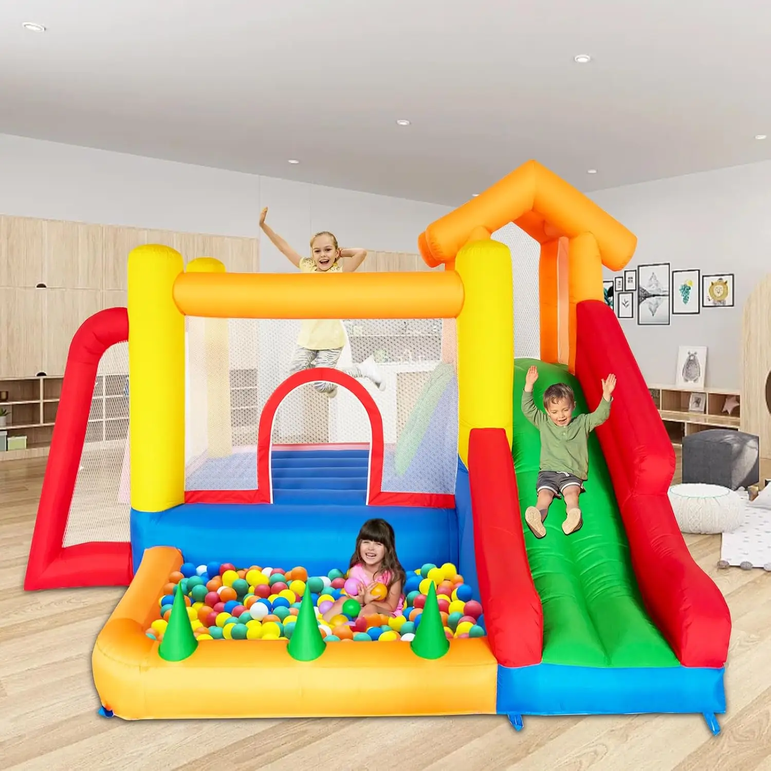 Casa de rebote 7 en 1 para niños de 3 a 10, castillo hinchable con tobogán largo, piscina para niños (pozo de pelota), portería de fútbol, pared trepadora, baloncesto