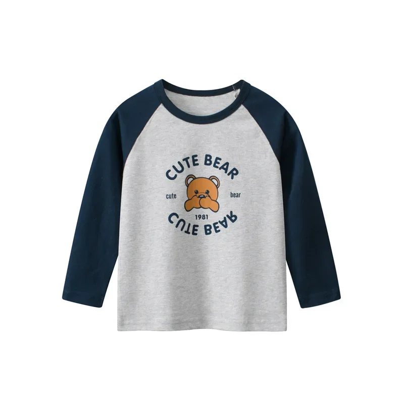 Cartoon Bear T Shirt Boys 2024 Autumn New Kids Bottoming Shirt Patchwork Casual Long Sleeve T-Shirts Children's Cotton Top 2-9Y