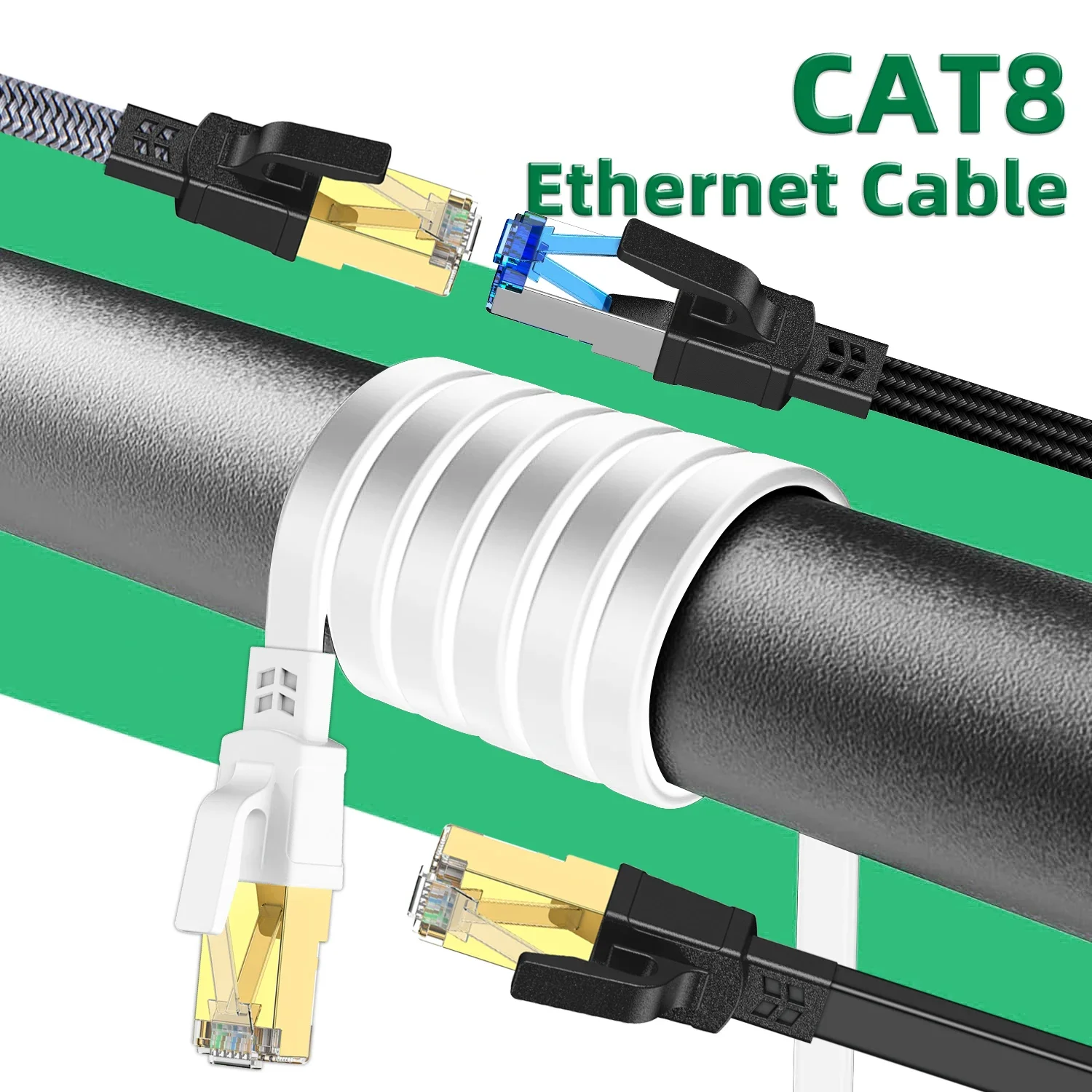 สีขาว Cat8 สาย Ethernet สาย Lan แบบแบนความเร็วสูง RJ45 40Gbps สําหรับเครือข่ายภายในบ้าน Router โมเด็มคอมพิวเตอร์, PC, ps4, ทีวี, แล็ปท็อป