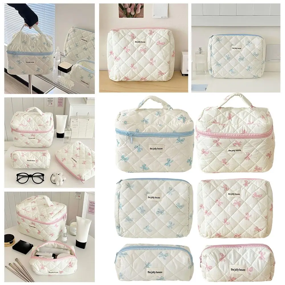 Pink Bowknot Quilting Women Cosmetic Bag Portable Zipper Makeup Bag Travel Organizer Female Handbag Toiletry Bag For Girls S0N2