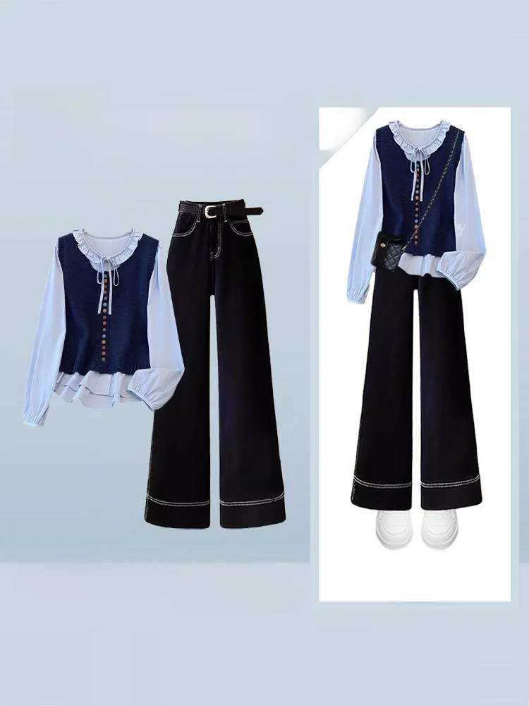 طقم نسائي من قطعتين بأسلوب الكلية للخريف والشتاء: كنزة محبوكة بياقة دمية وجينز بخصر مرتفع بألوان متباينة، أزياء كاجوال عصرية #2