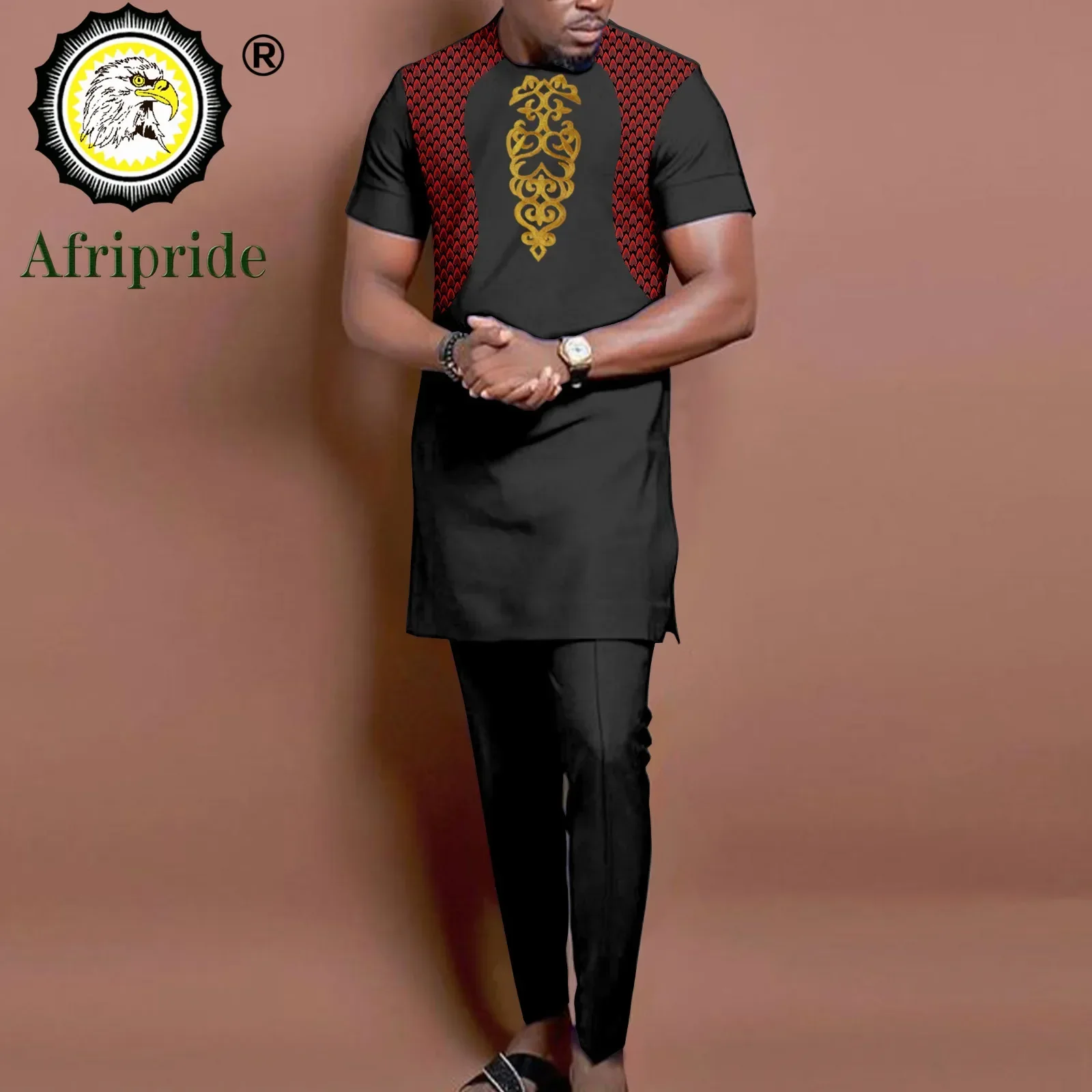 African Clothes for Men Short Sleeve Embroidery Printed Shirts and Pants 2 Piece Set Kaftan Outfits Bazin Riche Suit A2216011