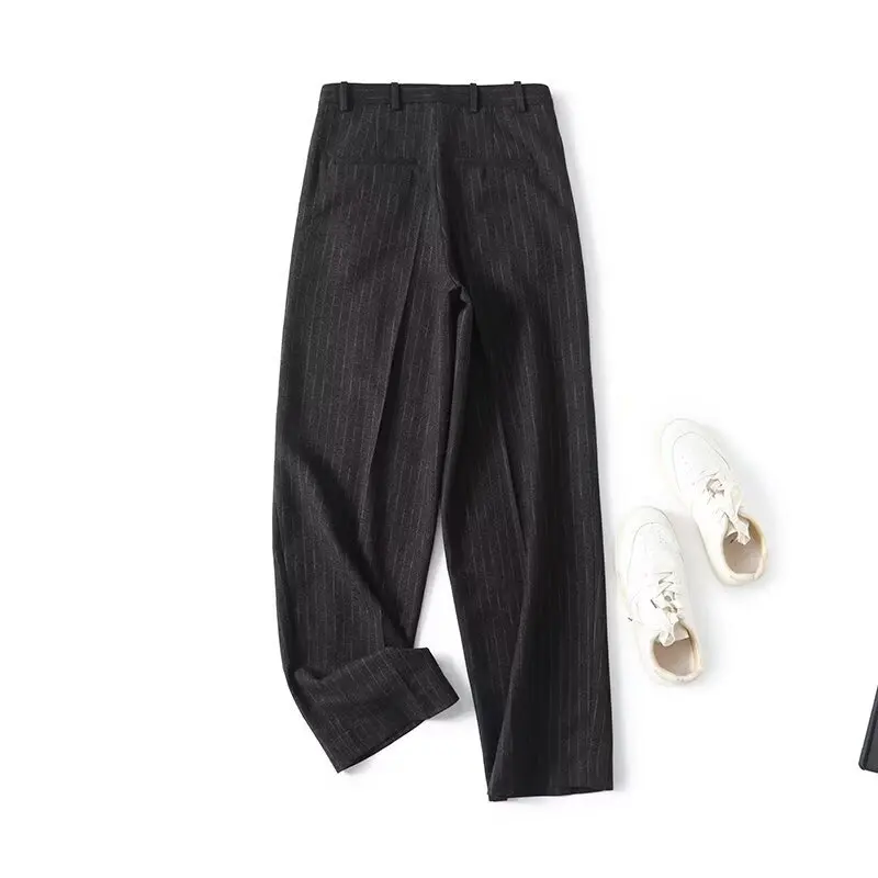 Dave&Di Francuskie spodnie biurowe w stylu office lady, szare, flanelowe, do pracy, zimowe, vintage, w paski, luźne, proste, spodnie damskie, odzież damska