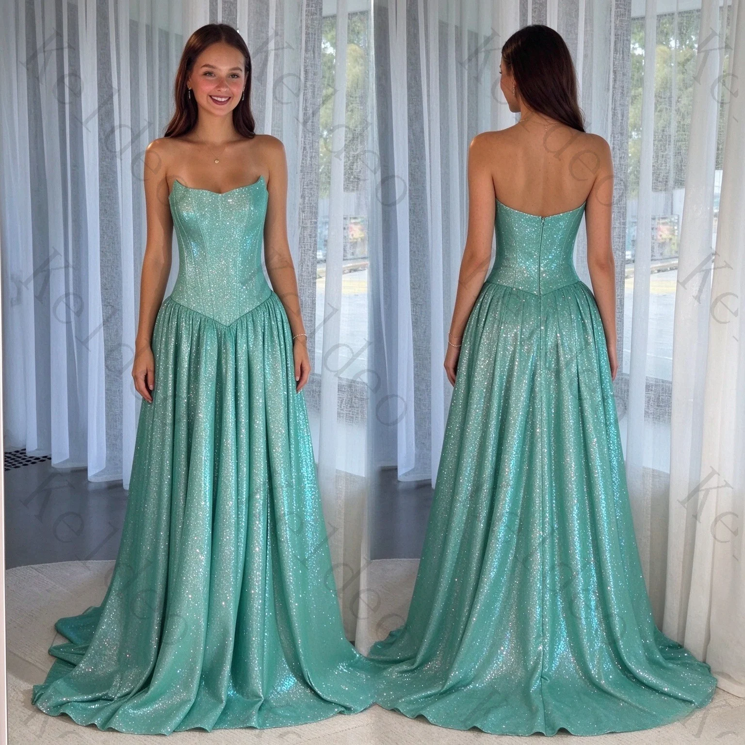 Customized Mint Green Strapless Sparkly Prom Dress A-Line Floor Length Evening Gown for Formal Graduation and Homecoming Party