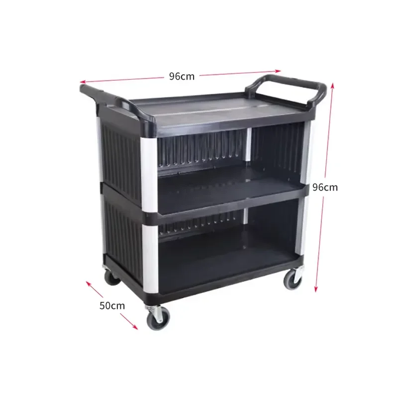 Hotel Kitchen Equipment Service Black Trolley With Door Plastic Dining Cart 3 Layers Dish Collect Cart With Panel
