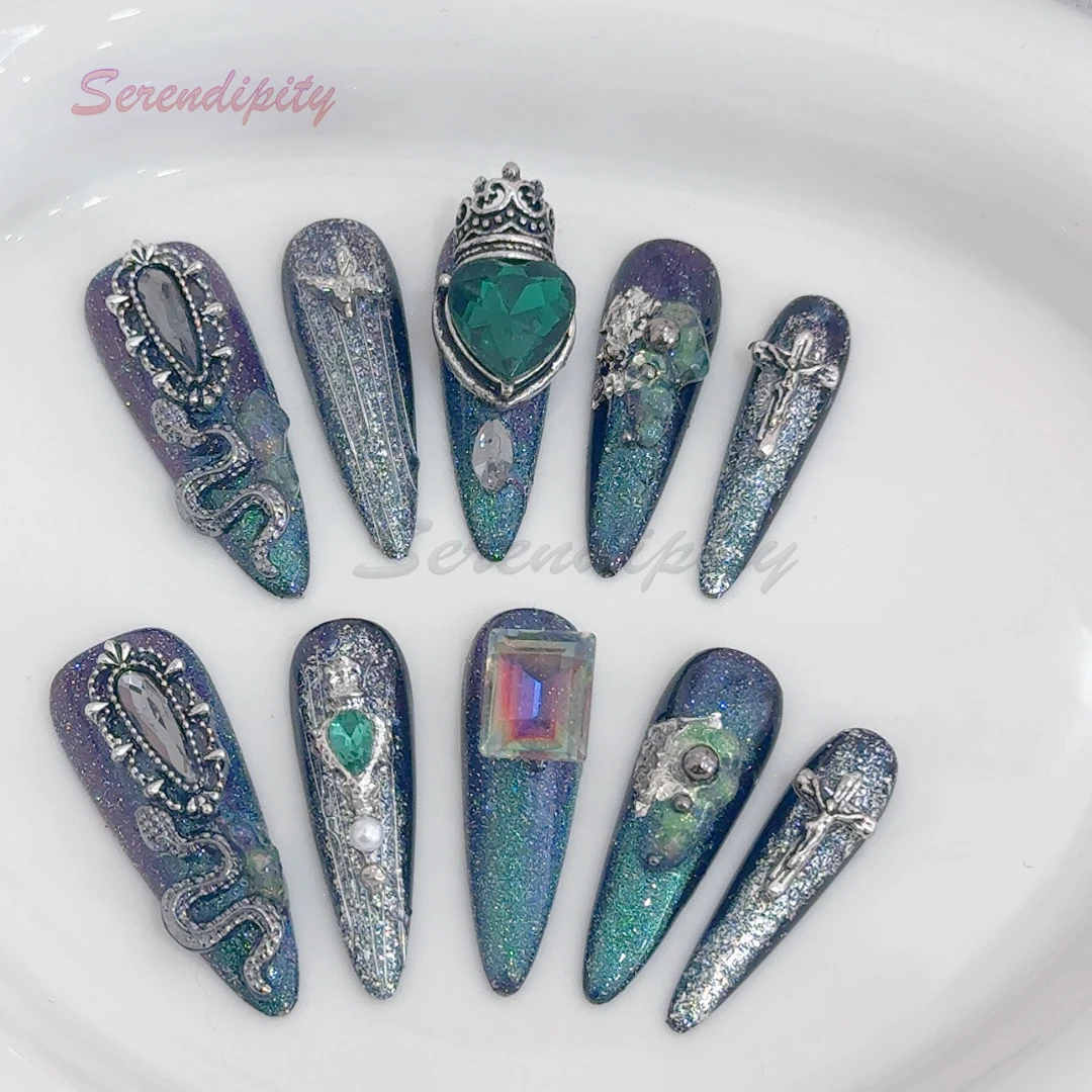 10Pcs Handmade Press On Nails Symbolize Wealth Cat Eyes Rhinestones Slytherin Snake House Artistic Creation Detachable Fake Nail