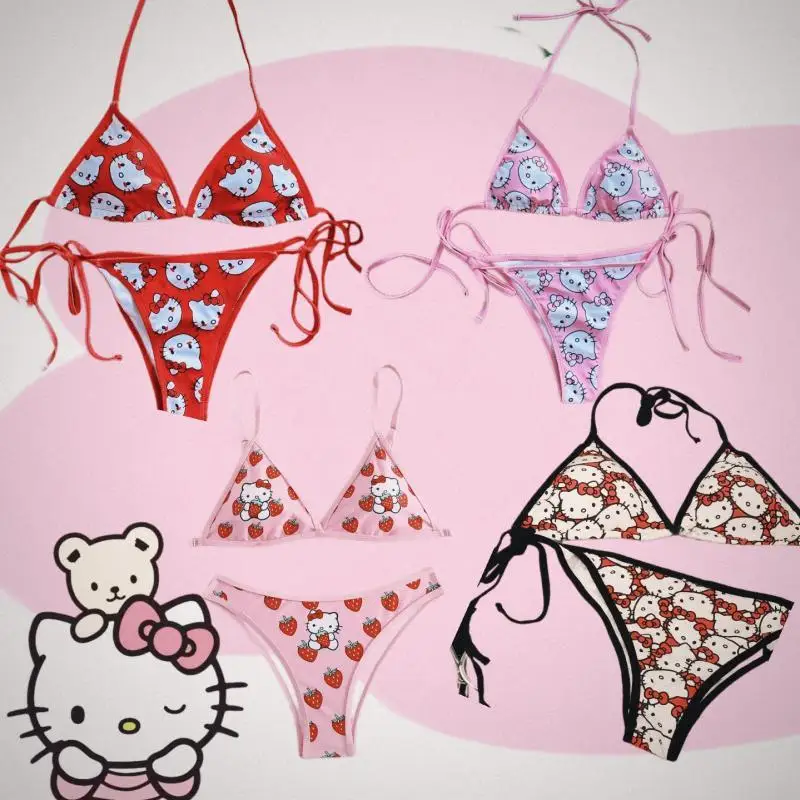 Hello Kitty Swimsuit Two-Piece Set New Creative Sweet Fashion Pool Party Kawaii Student Backless Swimsuit Holiday Gift Cute Sexy