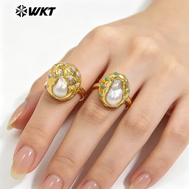 WT-MPR140 Natural Baroque With Green Stone&Pearl Beads Paved 18k Gold Plated Big Opeaning Ring For Unisex Jewelry Accessory