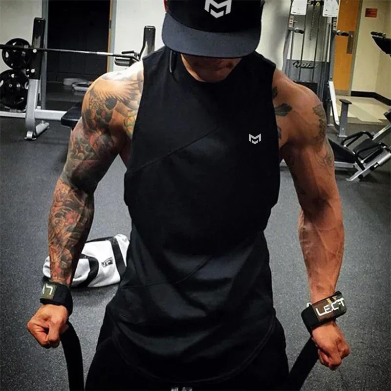 Mens Tank Tops Athletic Sleeveless A-Shirt Patchwork Curved Hem Cotton Undershirt for Workout Training Basic Top Tee
