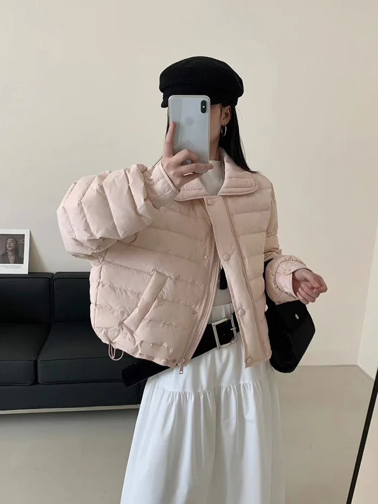 Korean version 2025 winter loose fit slimming versatile lapel down jacket women's short warm white duck down jacket