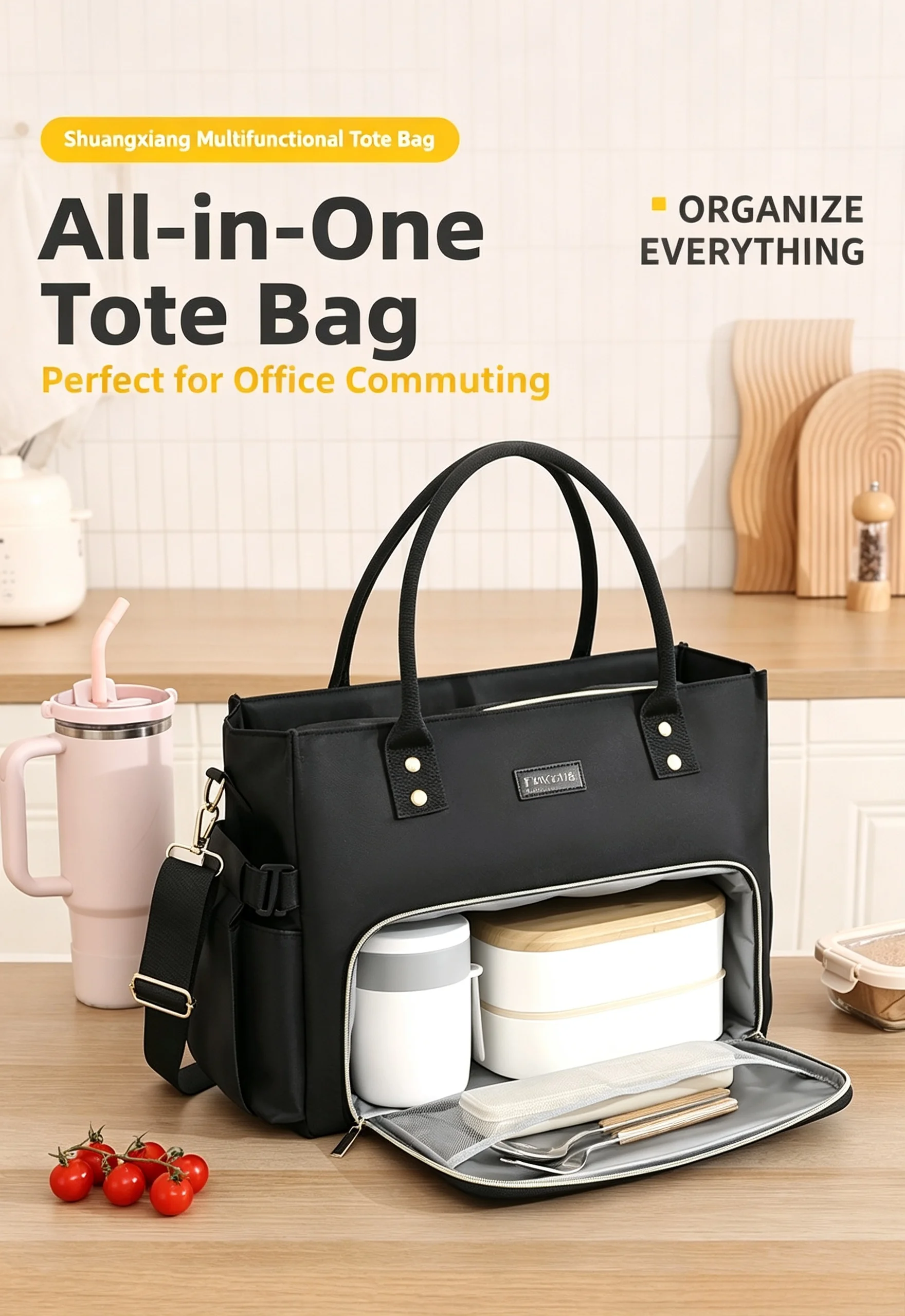 Wide Opening Insulated Lunch Bag, Multi-Pocket Thermal Cooler Tote with Flip Mesh Layer, Leakproof Lunch Handbag for Adults Work