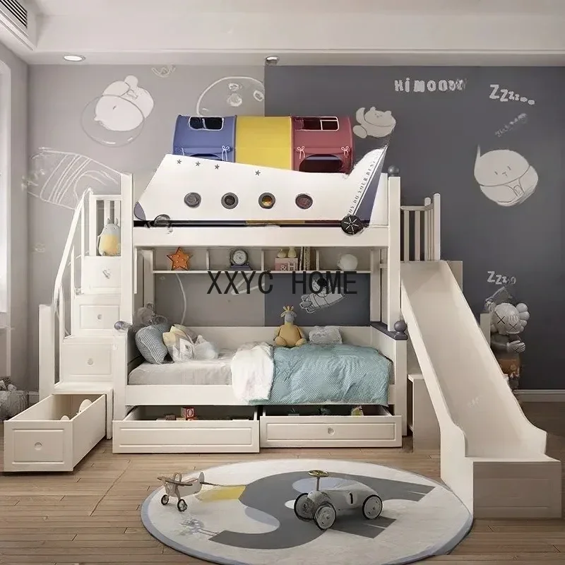 Two-Story  Bunk Small Apartment Bunk Solid Wood Sliding Ladder Double Upper and Lower Bunk Cartoon Aircraft