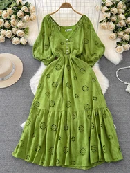 Vintage Elegant Women Dress Summer Embroidery Hollow Out Lace Midi Long Dresses 2026 Lady Boho A Line Bandage Vestidos