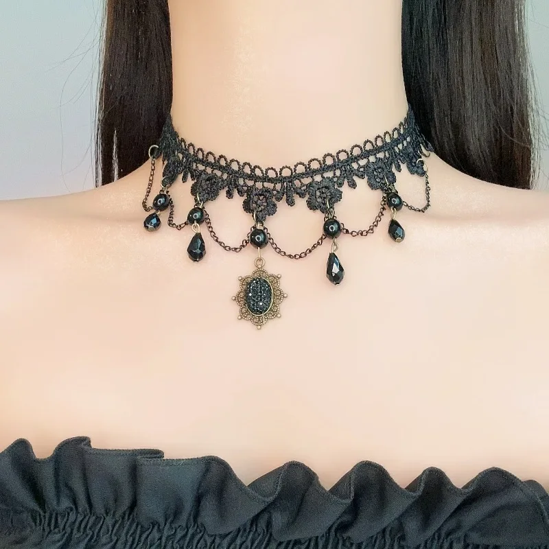 Korean Fashion Sexy Lace Flower Choker Necklace for Women Black Crystal Tassels Gothic Charm Halloween Jewelry Christmas Gifts