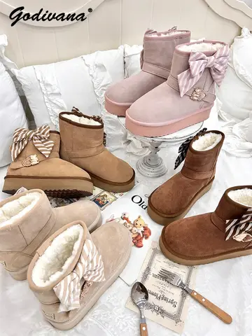 New Winter Snow Boots Girl Women's Lolita Plush Warm Low-top Cotton Shoes Sweet Bow Fleece Suede Short Boots