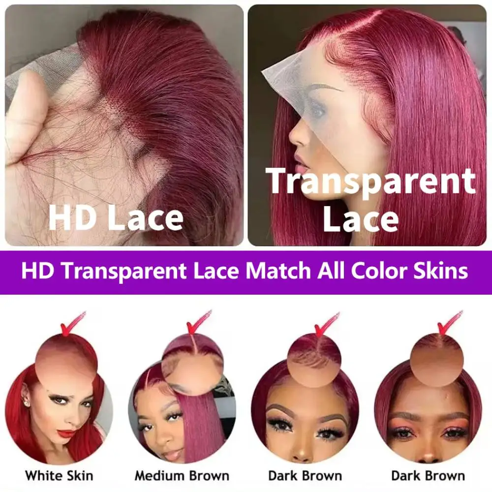 Peruca de Cabelo Humano com Renda Frontal HD 13x4, 44-46 Polegadas, Cor 99J, Ondas Corporais, Burgundy, Perucas Vermelhas para Mulheres