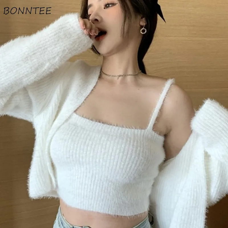 Tender Korean Style Sets Women Hotsweet Knitted Stylish Autumn Cardigans Pure Color Simple Crop Tops Camisoles Elegant Two Piece